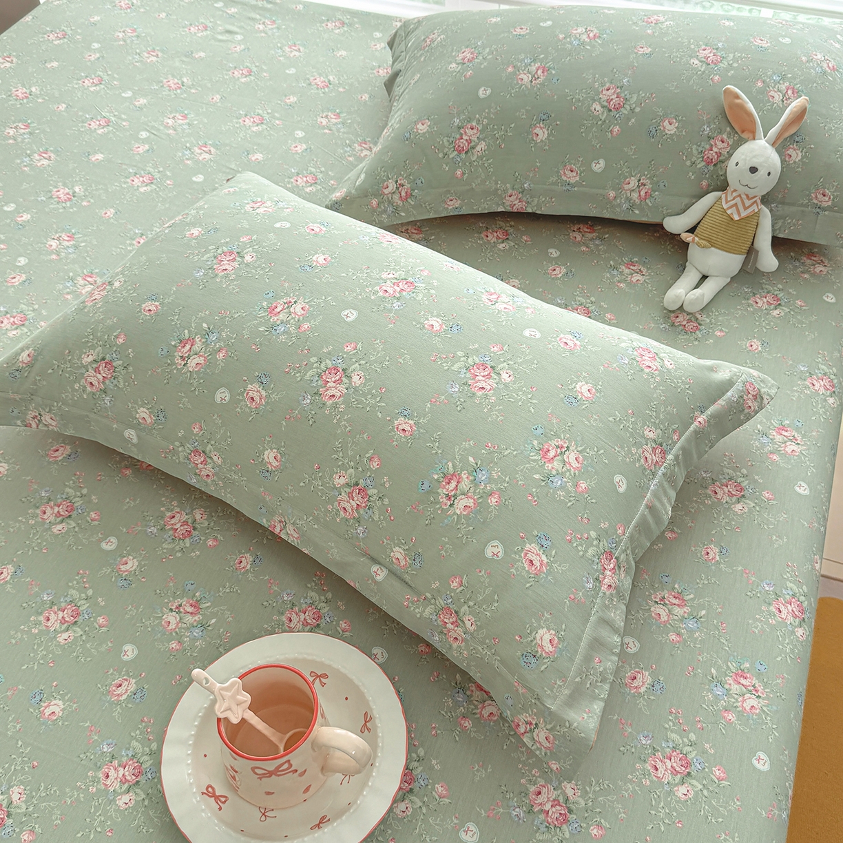 91家纺网 家纺一手货源 找家纺 壹贝家纺 2025新款A类印花全棉床笠 沐熙花-绿