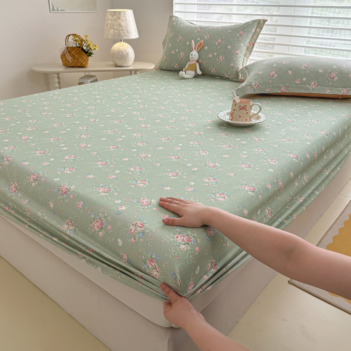 91家纺网 家纺一手货源 找家纺 壹贝家纺 2025新款A类印花全棉床笠 沐熙花-绿