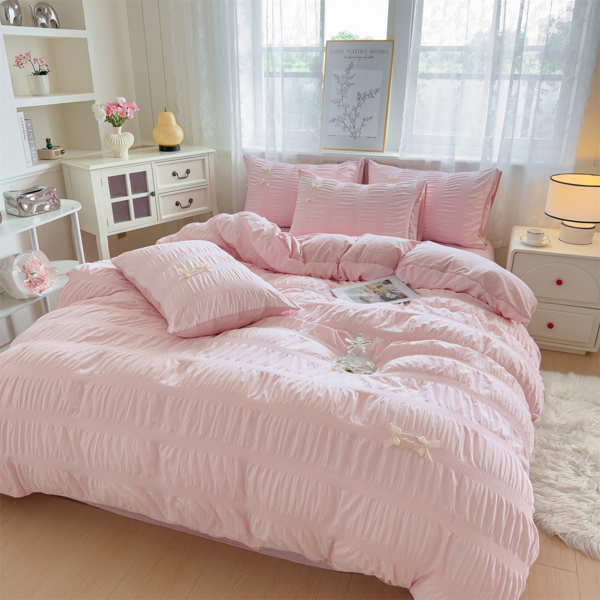 91家纺网 家纺一手货源 找家纺 梦庭帛美 2025新款韩版公主风可乐泡泡纱四件套 奶油黄