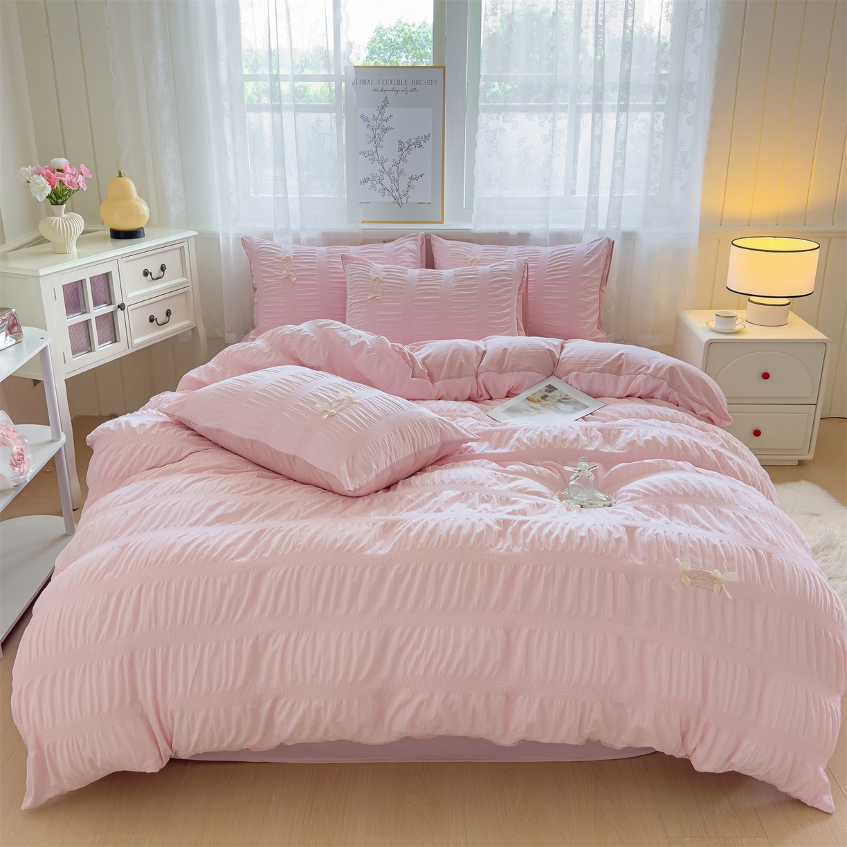 91家纺网 家纺一手货源 找家纺 梦庭帛美 2025新款韩版公主风可乐泡泡纱四件套 奶油黄