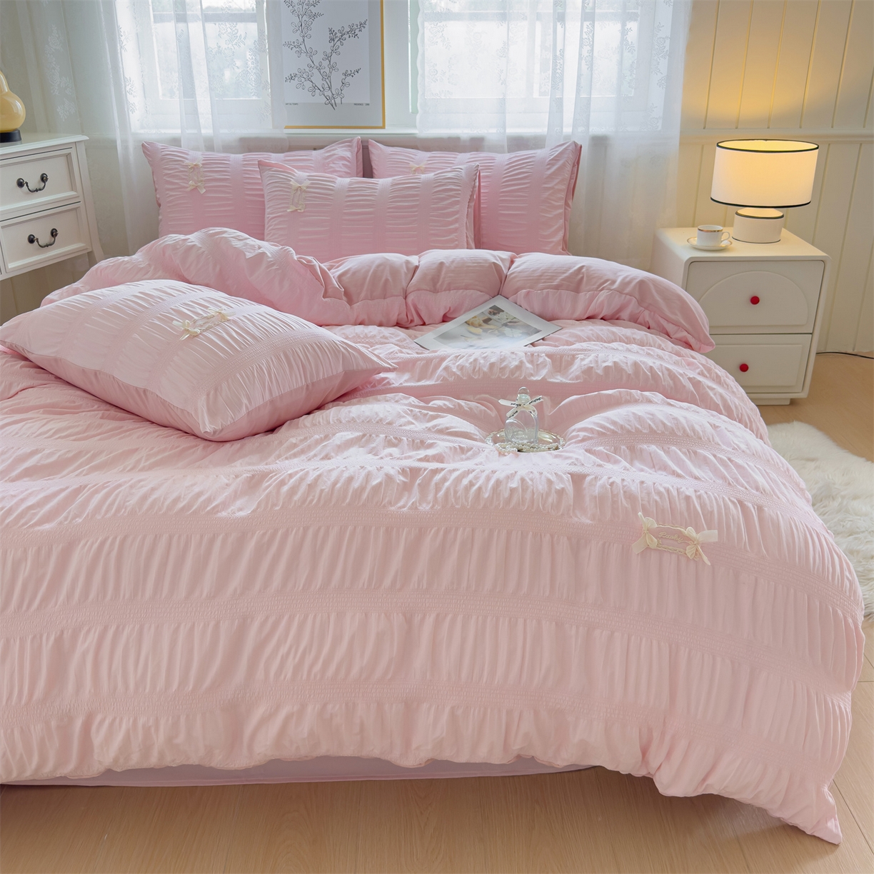 91家纺网 家纺一手货源 找家纺 梦庭帛美 2025新款韩版公主风可乐泡泡纱四件套 奶油黄