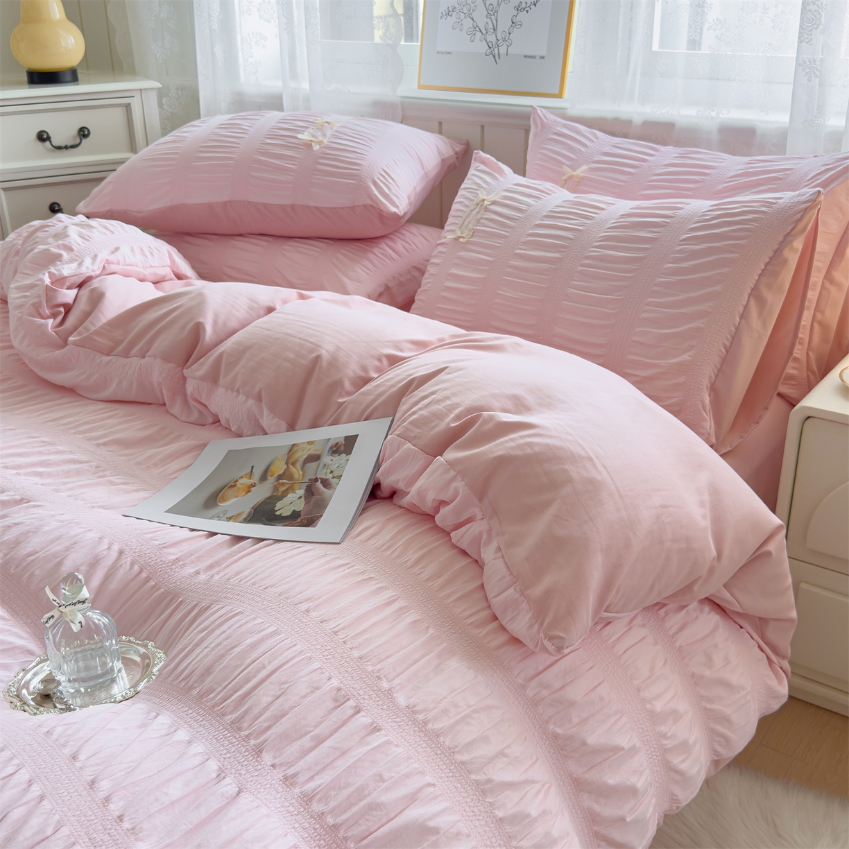 91家纺网 家纺一手货源 找家纺 梦庭帛美 2025新款韩版公主风可乐泡泡纱四件套 奶油黄