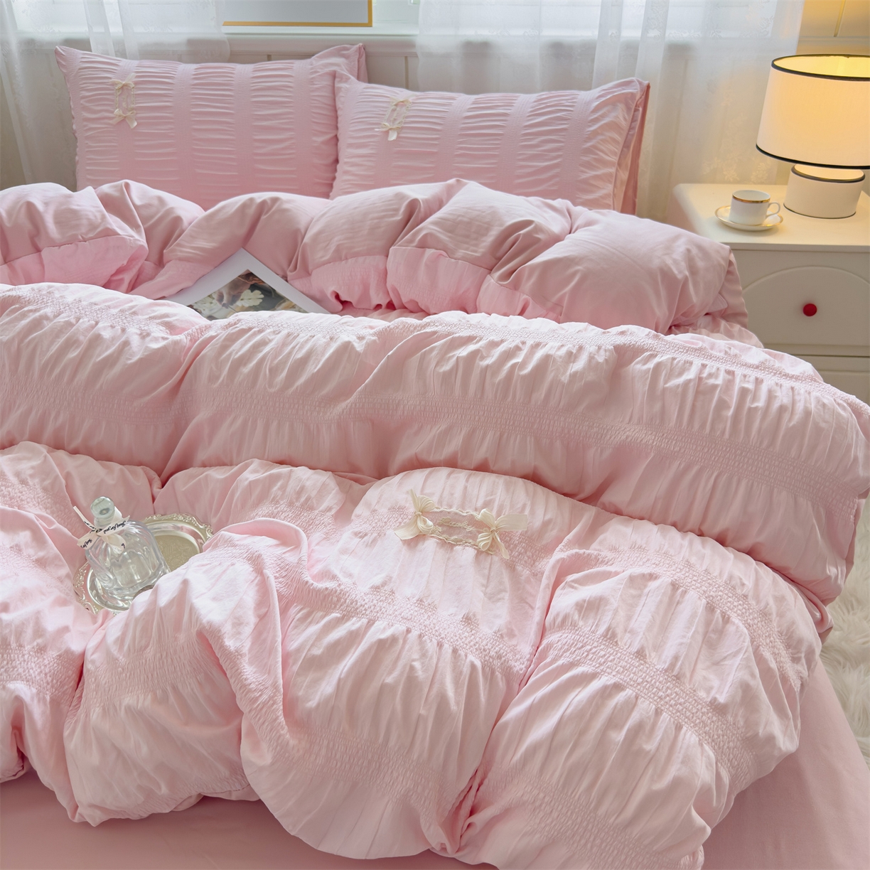 91家纺网 家纺一手货源 找家纺 梦庭帛美 2025新款韩版公主风可乐泡泡纱四件套 奶油黄