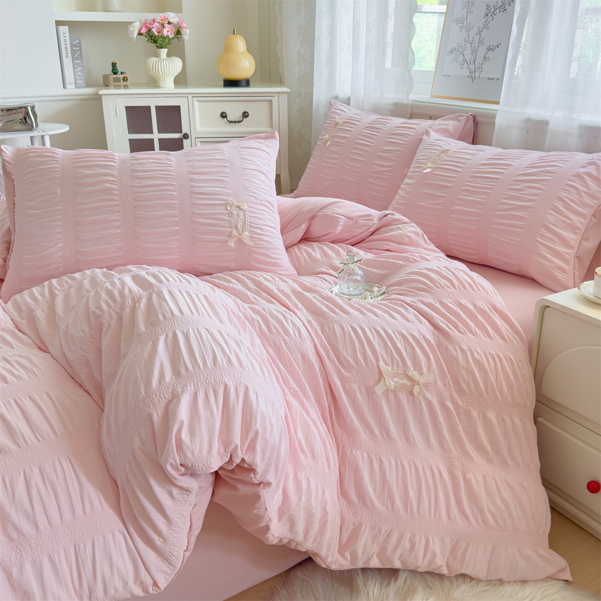 91家纺网 家纺一手货源 找家纺 梦庭帛美 2025新款韩版公主风可乐泡泡纱四件套 奶油黄