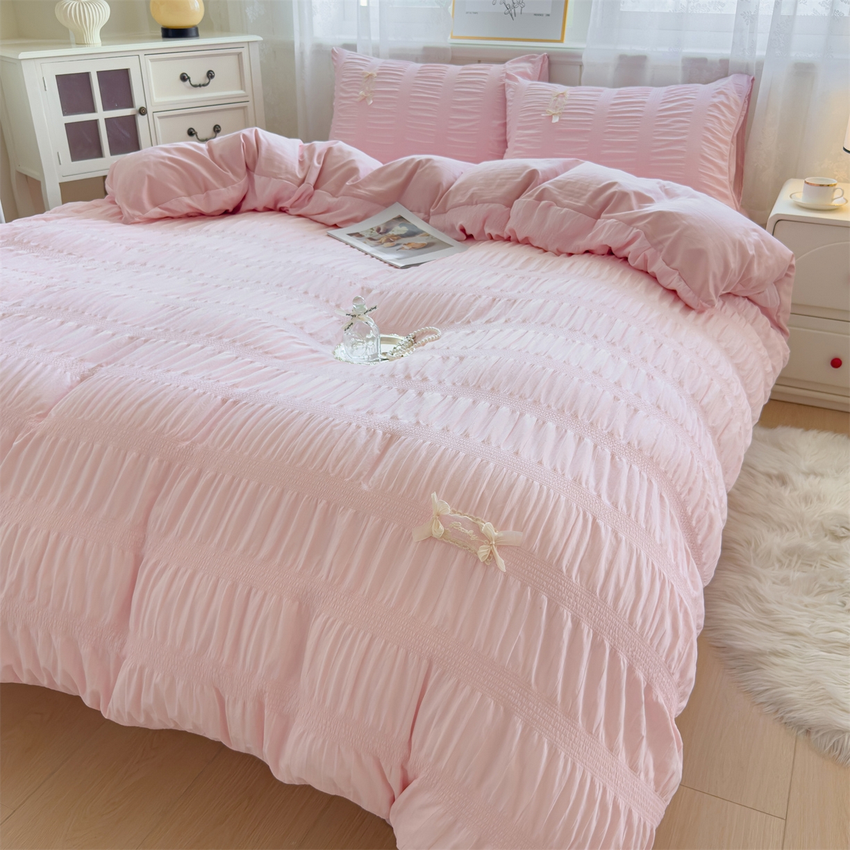 91家纺网 家纺一手货源 找家纺 梦庭帛美 2025新款韩版公主风可乐泡泡纱四件套 奶油黄