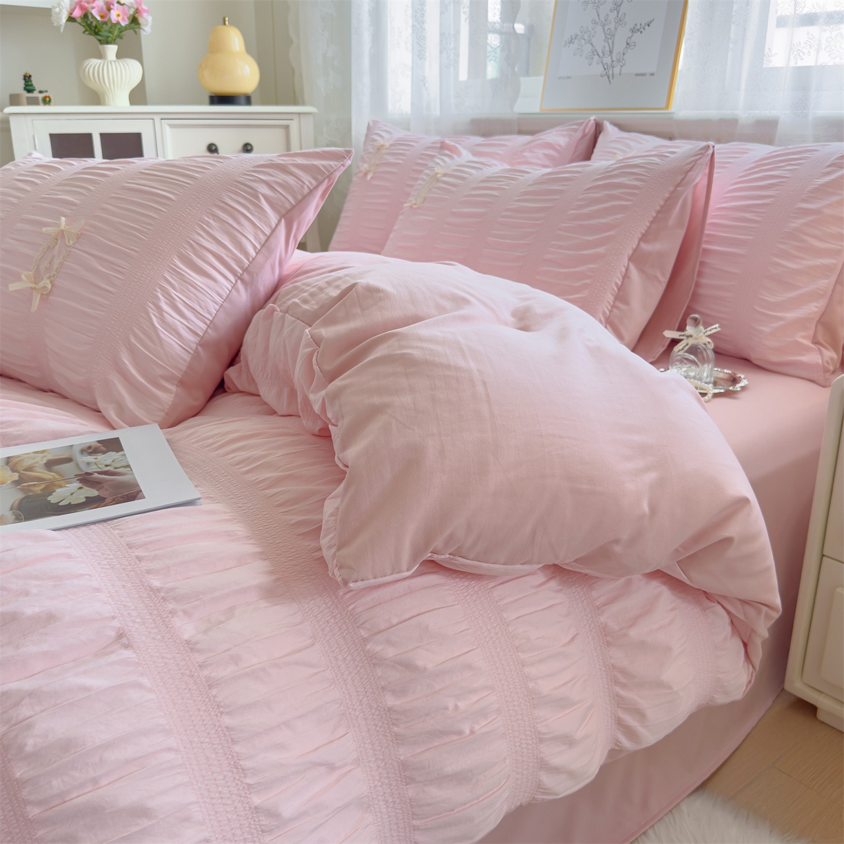 91家纺网 家纺一手货源 找家纺 梦庭帛美 2025新款韩版公主风可乐泡泡纱四件套 奶油黄