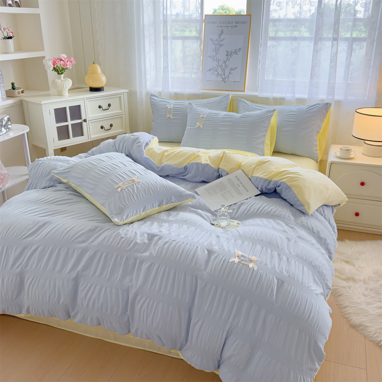 91家纺网 家纺一手货源 找家纺 梦庭帛美 2025新款韩版公主风可乐泡泡纱四件套 优雅灰