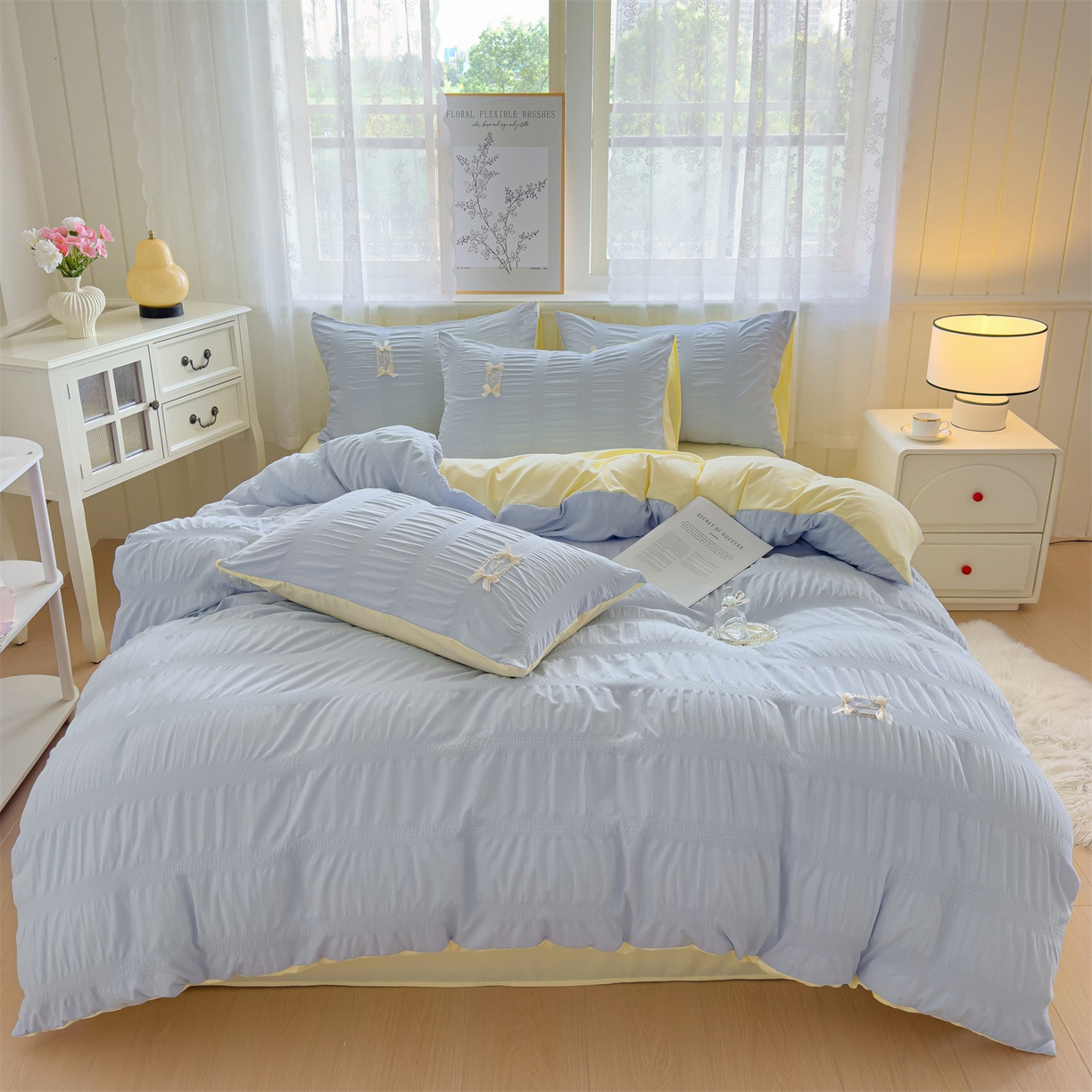 91家纺网 家纺一手货源 找家纺 梦庭帛美 2025新款韩版公主风可乐泡泡纱四件套 优雅灰