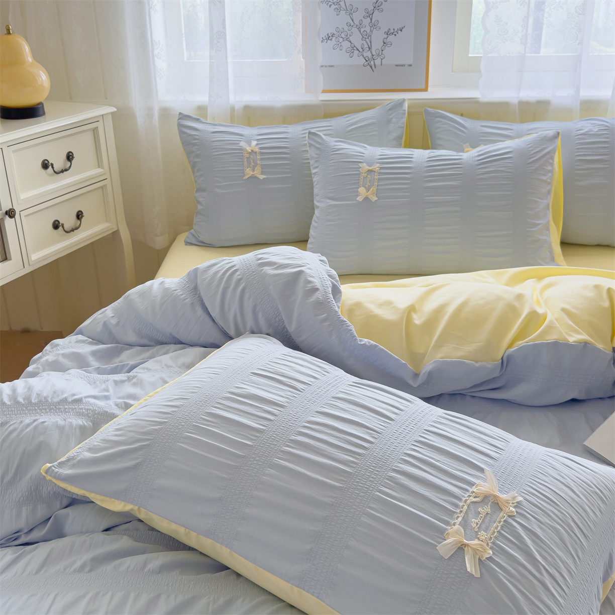 91家纺网 家纺一手货源 找家纺 梦庭帛美 2025新款韩版公主风可乐泡泡纱四件套 优雅灰