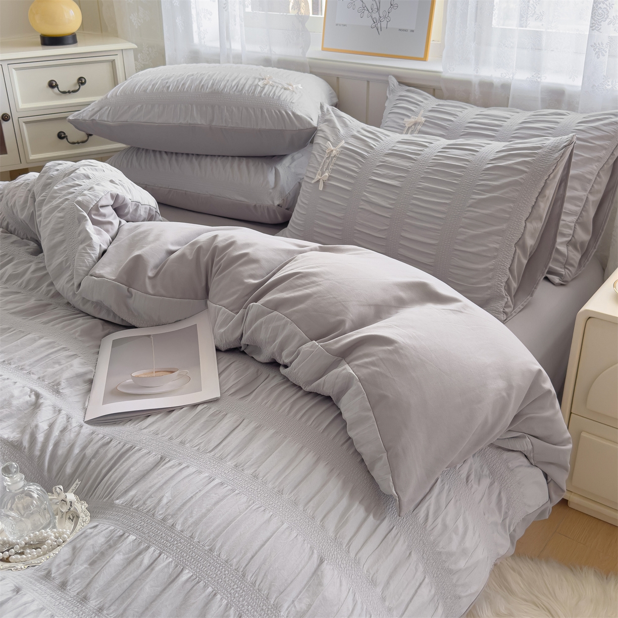 91家纺网 家纺一手货源 找家纺 梦庭帛美 2025新款韩版公主风可乐泡泡纱四件套 樱花粉