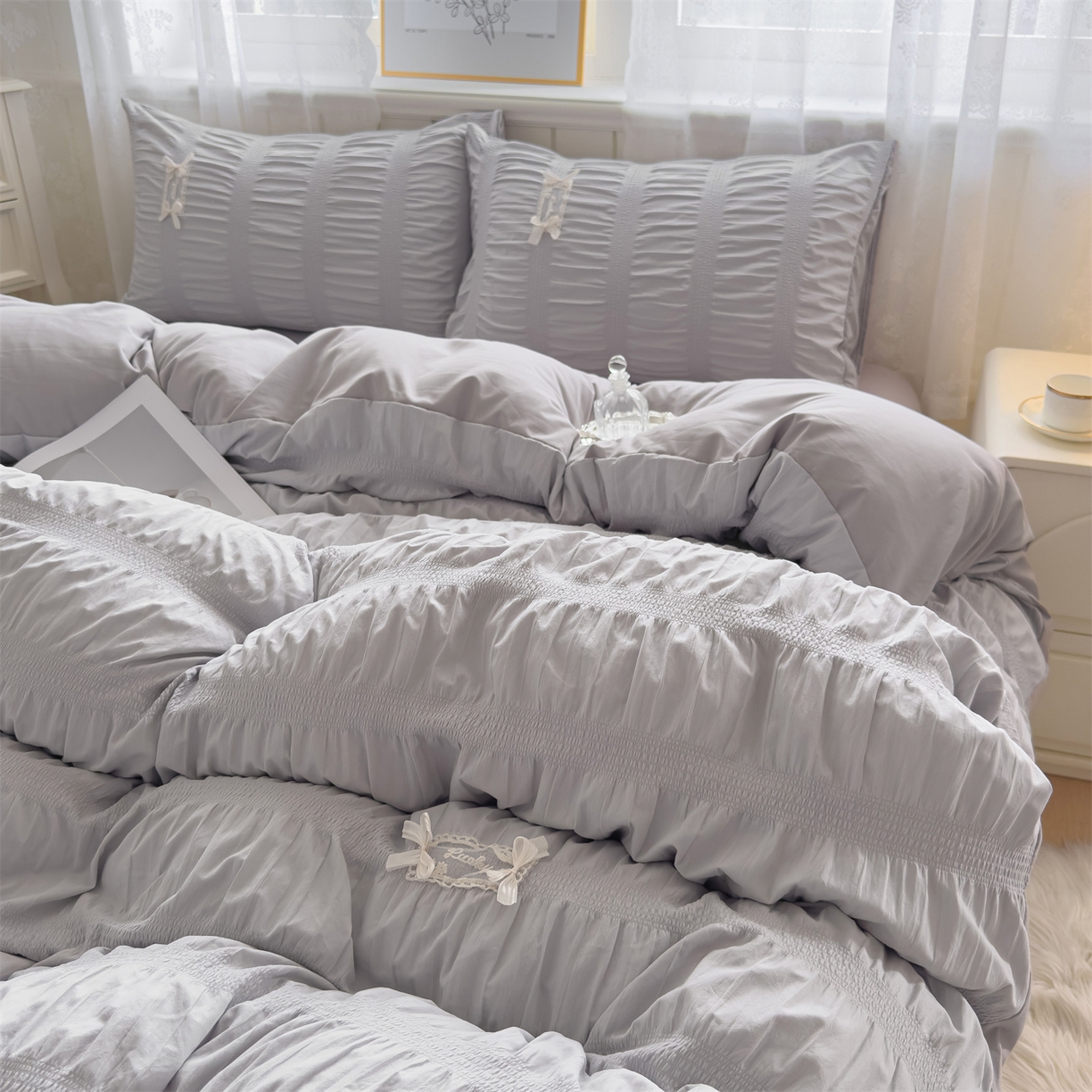 91家纺网 家纺一手货源 找家纺 梦庭帛美 2025新款韩版公主风可乐泡泡纱四件套 樱花粉