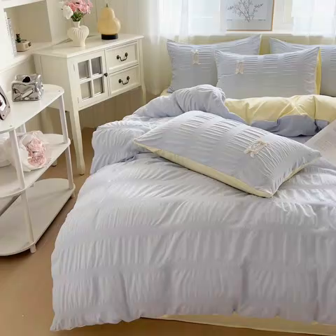 91家纺网 家纺一手货源 找家纺 梦庭帛美 2025新款韩版公主风可乐泡泡纱四件套 优雅灰