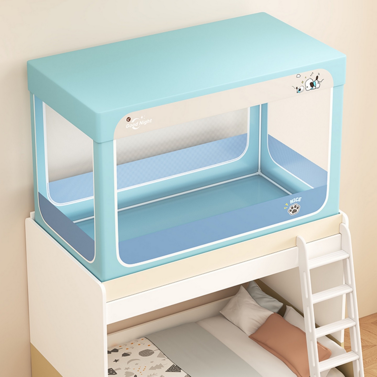 91家纺网 家纺一手货源 找家纺 无瑕家居 2025新款强遮光无涂层简约无印良品风拼色学生宿舍全包底蚊帐上下铺床帘ins风全底学生蚊帐 帕恰狗【浅蓝+深蓝】-回底款