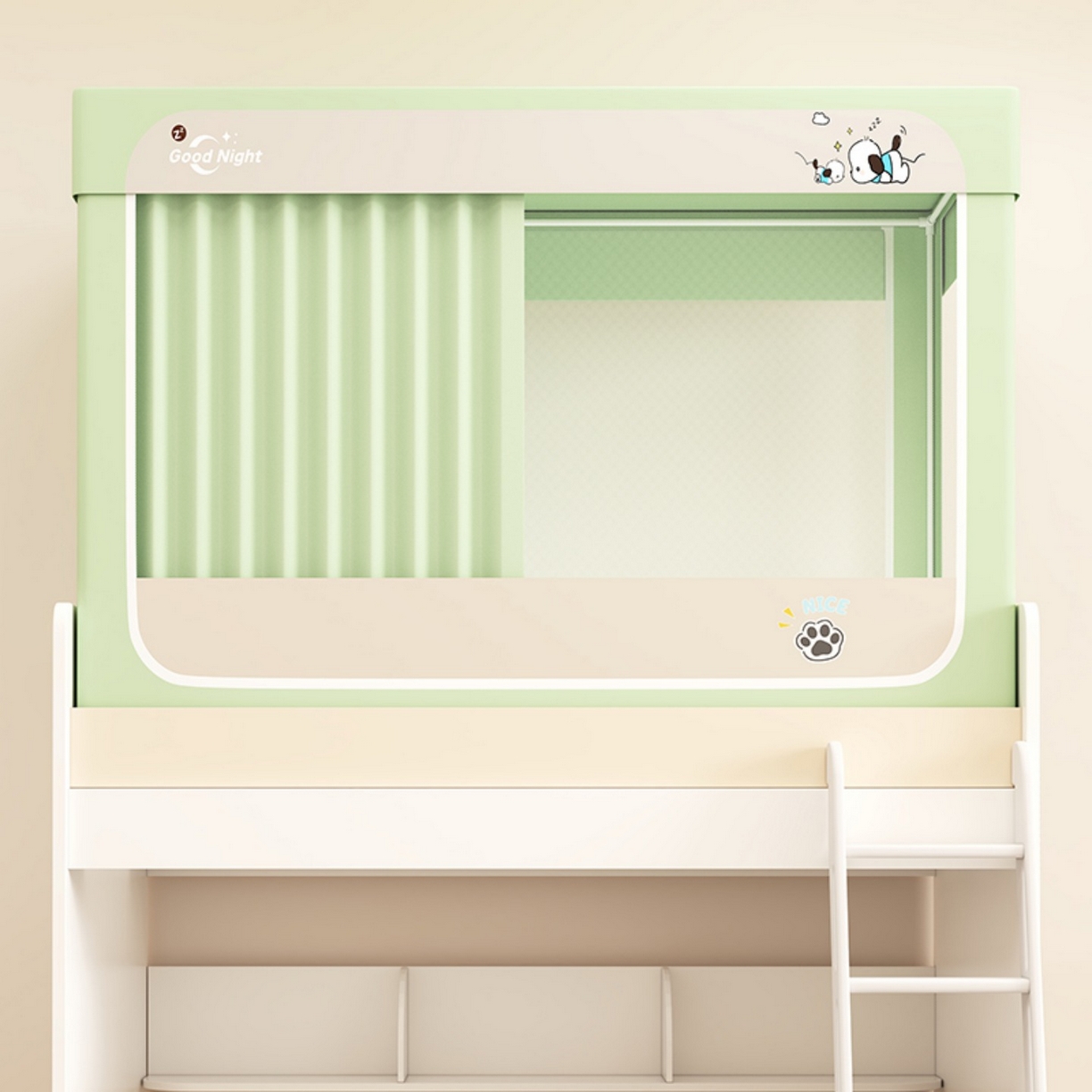 91家纺网 家纺一手货源 找家纺 无瑕家居 2025新款强遮光无涂层简约无印良品风拼色学生宿舍全包底蚊帐上下铺床帘ins风全底学生蚊帐 帕恰狗【绿色+卡其】-回底款