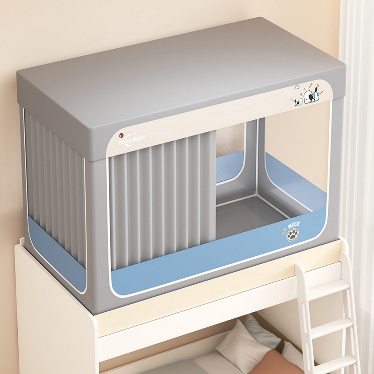 91家纺网 家纺一手货源 找家纺 无瑕家居 2025新款强遮光无涂层简约无印良品风拼色学生宿舍全包底蚊帐上下铺床帘ins风全底学生蚊帐 帕恰狗【灰色+深蓝】-全底款