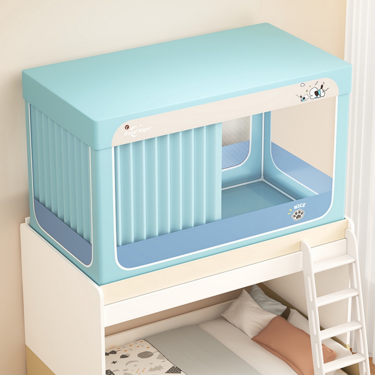 91家纺网 家纺一手货源 找家纺 无瑕家居 2025新款强遮光无涂层简约无印良品风拼色学生宿舍全包底蚊帐上下铺床帘ins风全底学生蚊帐 帕恰狗【浅蓝+深蓝】-全底款