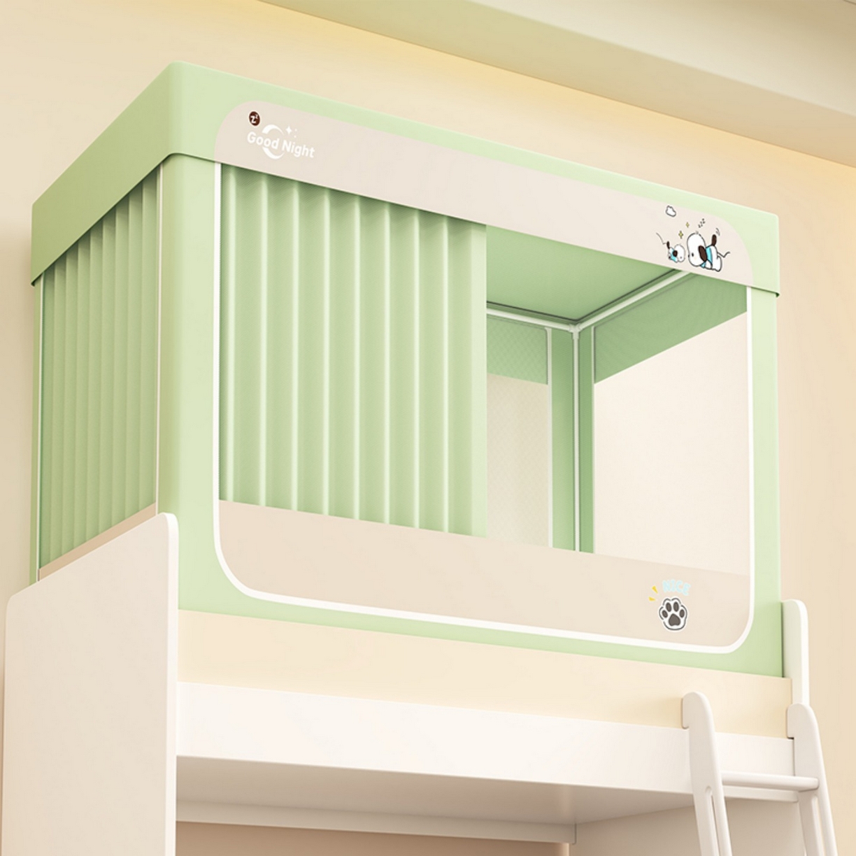 91家纺网 家纺一手货源 找家纺 无瑕家居 2025新款强遮光无涂层简约无印良品风拼色学生宿舍全包底蚊帐上下铺床帘ins风全底学生蚊帐 帕恰狗【绿色+卡其】-全底款