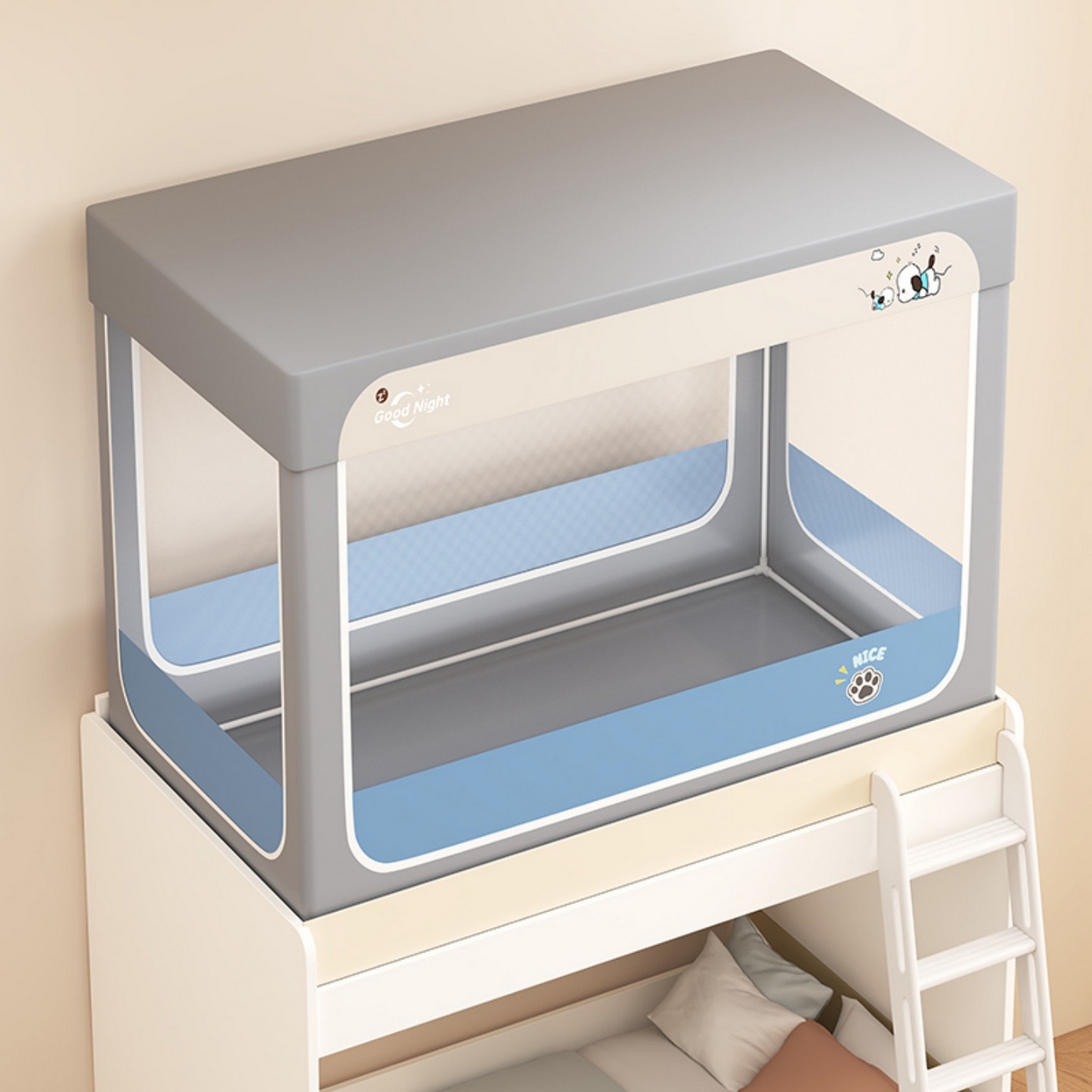 91家纺网 家纺一手货源 找家纺 无瑕家居 2025新款强遮光无涂层简约无印良品风拼色学生宿舍全包底蚊帐上下铺床帘ins风全底学生蚊帐 帕恰狗【灰色+深蓝】-全底款