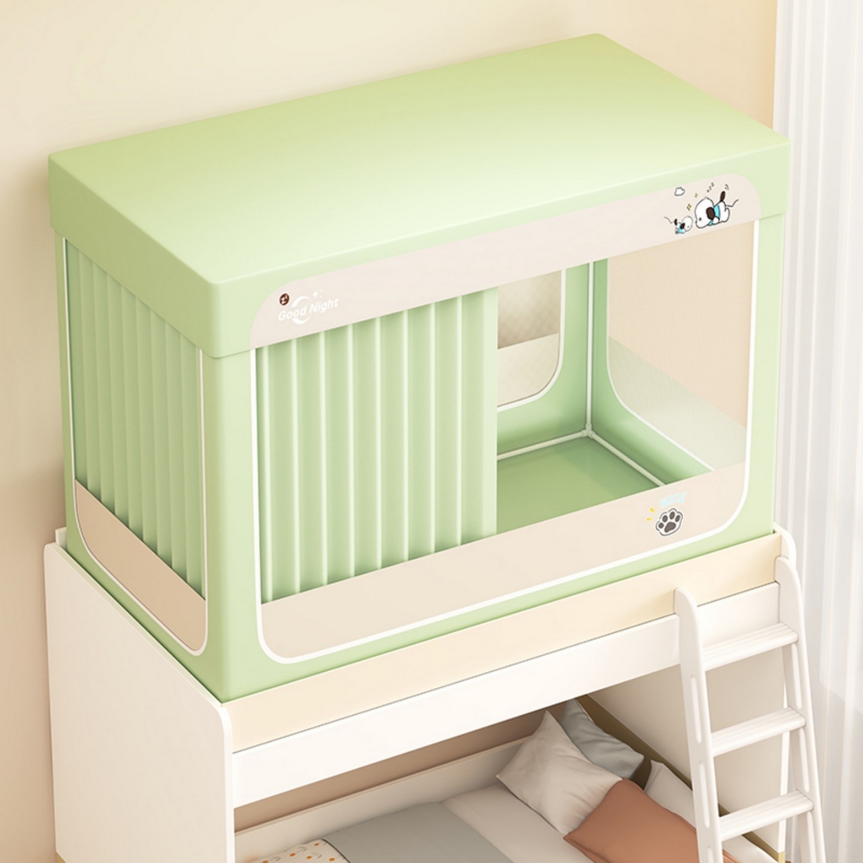 91家纺网 家纺一手货源 找家纺 无瑕家居 2025新款强遮光无涂层简约无印良品风拼色学生宿舍全包底蚊帐上下铺床帘ins风全底学生蚊帐 帕恰狗【绿色+卡其】-全底款