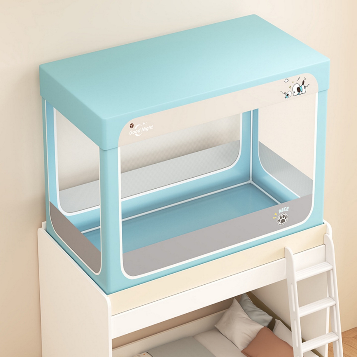 91家纺网 家纺一手货源 找家纺 无瑕家居 2025新款强遮光无涂层简约无印良品风拼色学生宿舍全包底蚊帐上下铺床帘ins风全底学生蚊帐 帕恰狗【浅蓝+灰色】-全底款