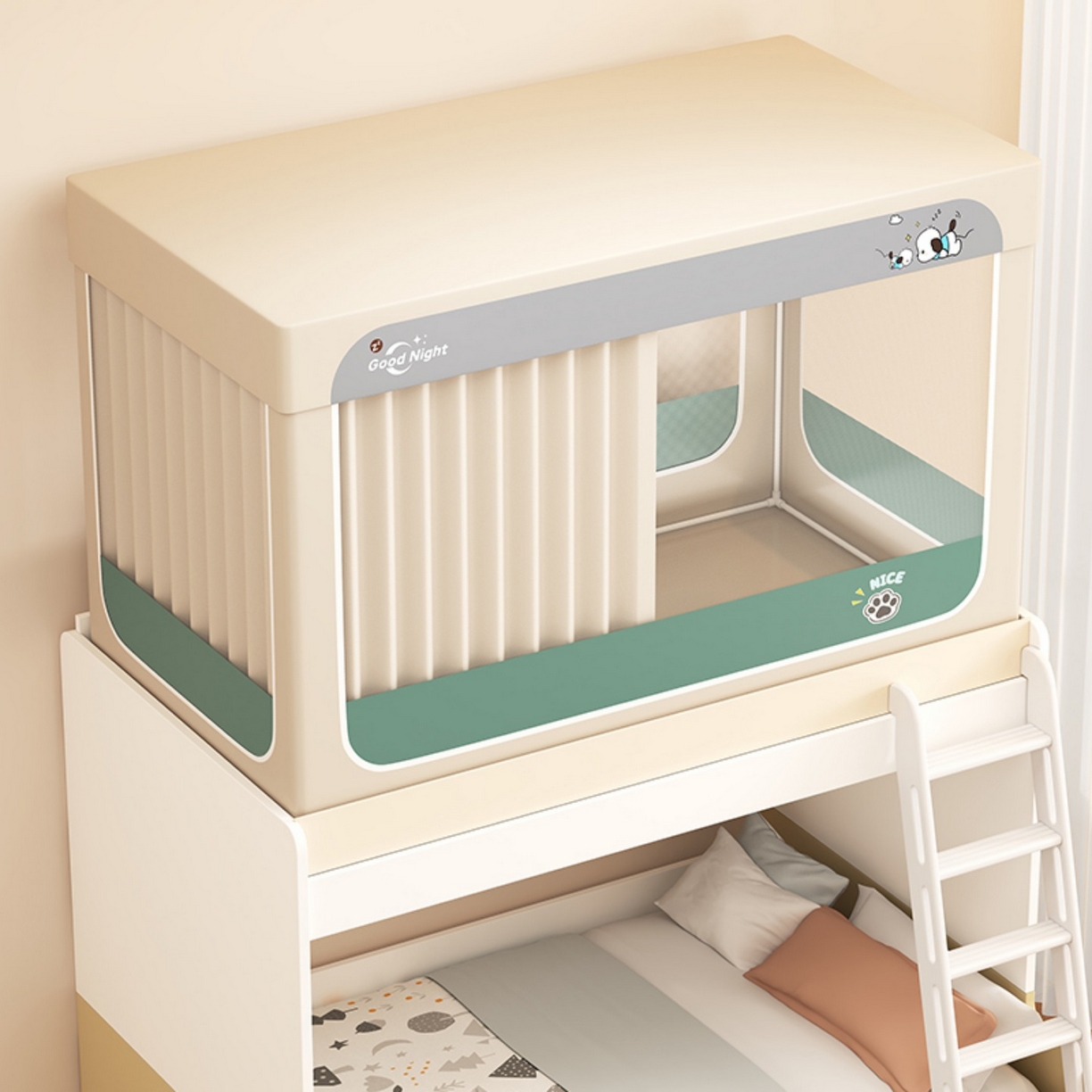 91家纺网 家纺一手货源 找家纺 无瑕家居 2025新款强遮光无涂层简约无印良品风拼色学生宿舍全包底蚊帐上下铺床帘ins风全底学生蚊帐 帕恰狗【卡其+墨绿】-回底款