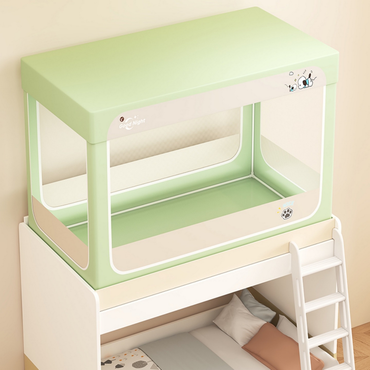 91家纺网 家纺一手货源 找家纺 无瑕家居 2025新款强遮光无涂层简约无印良品风拼色学生宿舍全包底蚊帐上下铺床帘ins风全底学生蚊帐 帕恰狗【绿色+卡其】-全底款