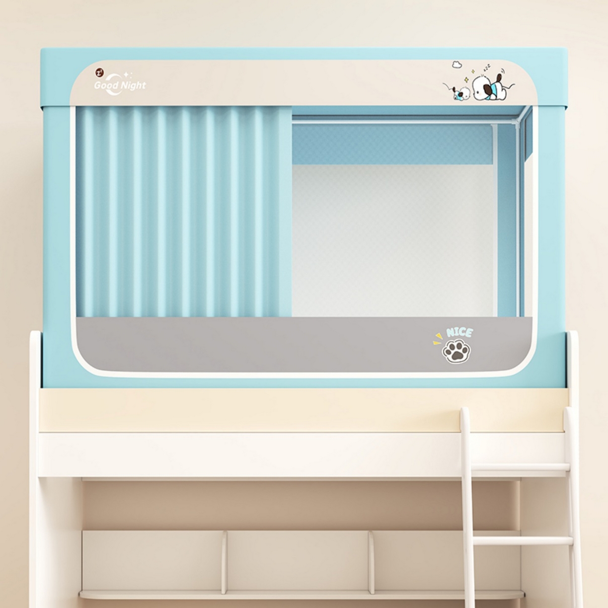 91家纺网 家纺一手货源 找家纺 无瑕家居 2025新款强遮光无涂层简约无印良品风拼色学生宿舍全包底蚊帐上下铺床帘ins风全底学生蚊帐 帕恰狗【浅蓝+灰色】-回底款