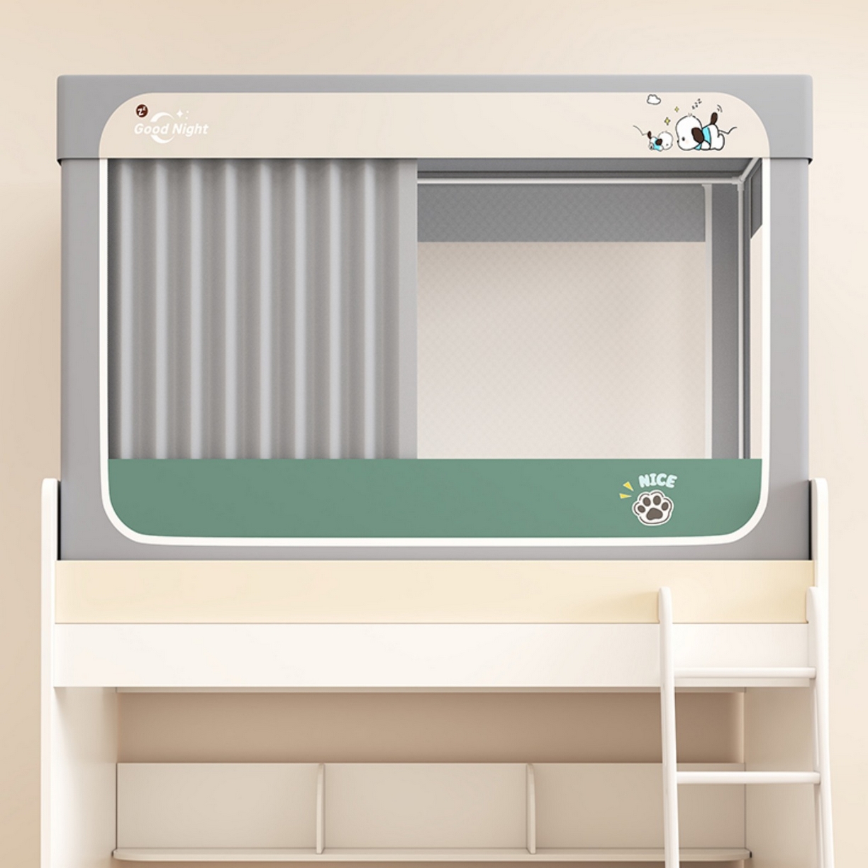 91家纺网 家纺一手货源 找家纺 无瑕家居 2025新款强遮光无涂层简约无印良品风拼色学生宿舍全包底蚊帐上下铺床帘ins风全底学生蚊帐 帕恰狗【灰+墨绿】-回底款