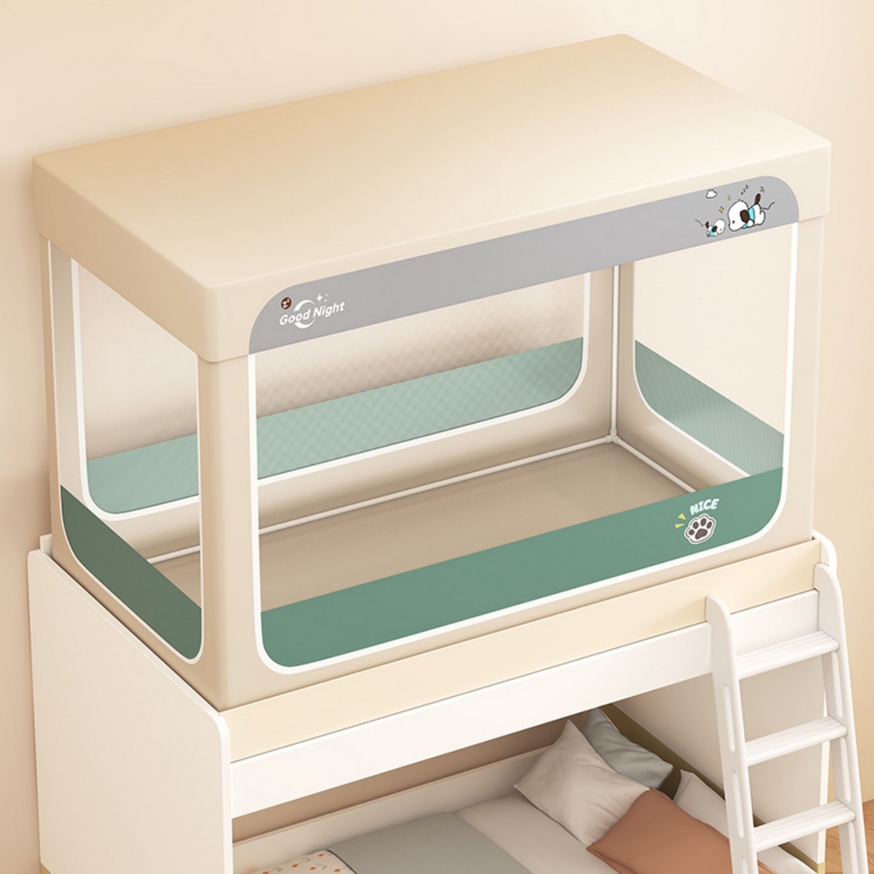 91家纺网 家纺一手货源 找家纺 无瑕家居 2025新款强遮光无涂层简约无印良品风拼色学生宿舍全包底蚊帐上下铺床帘ins风全底学生蚊帐 帕恰狗【卡其+墨绿】-全底款