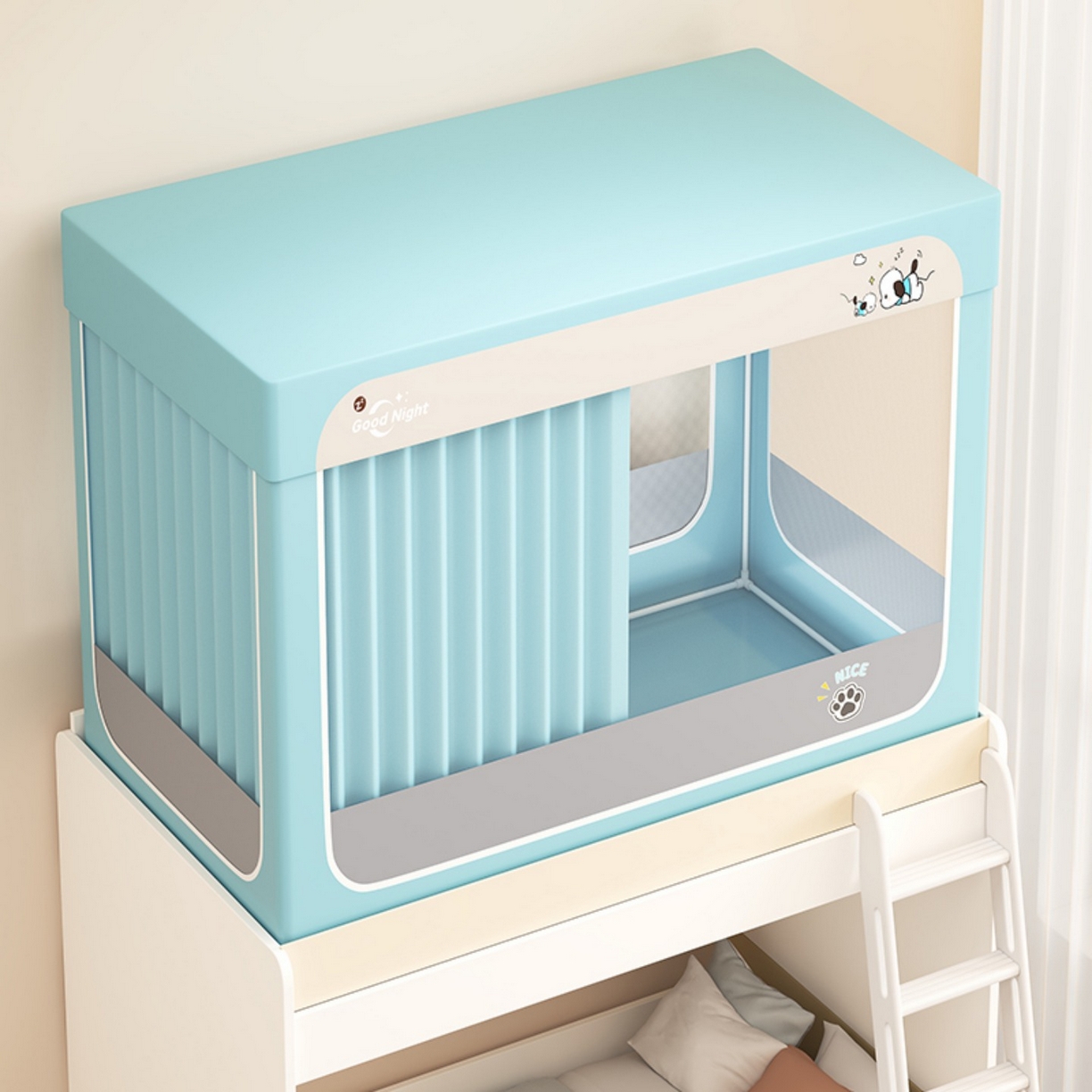 91家纺网 家纺一手货源 找家纺 无瑕家居 2025新款强遮光无涂层简约无印良品风拼色学生宿舍全包底蚊帐上下铺床帘ins风全底学生蚊帐 帕恰狗【浅蓝+灰色】-全底款