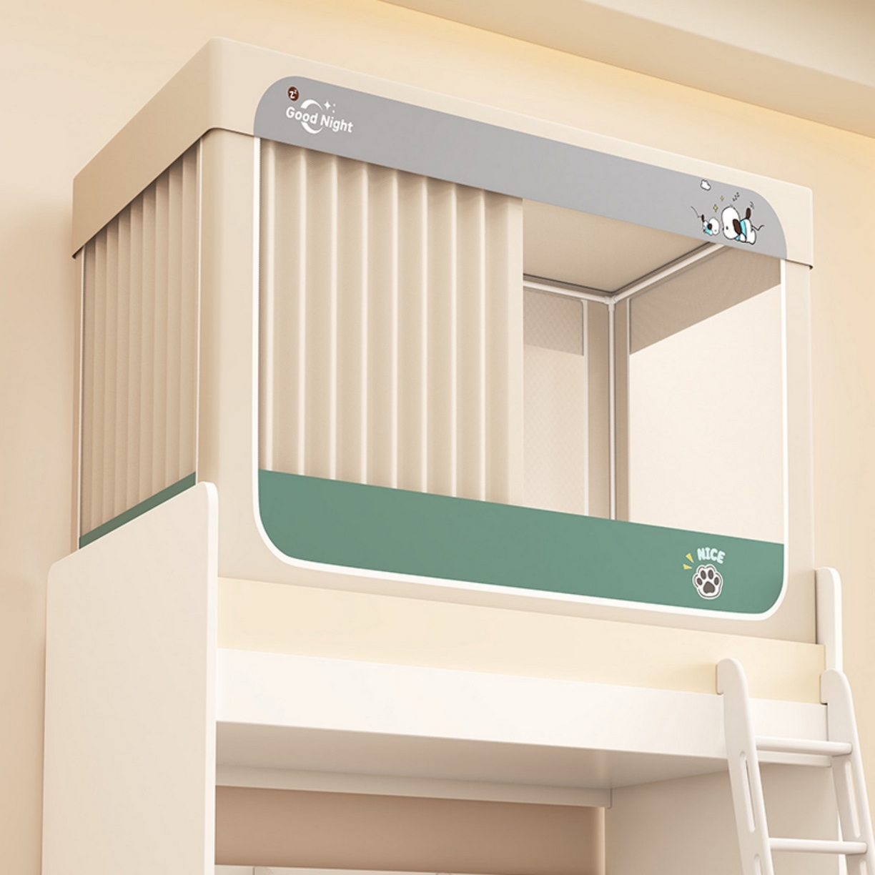 91家纺网 家纺一手货源 找家纺 无瑕家居 2025新款强遮光无涂层简约无印良品风拼色学生宿舍全包底蚊帐上下铺床帘ins风全底学生蚊帐 帕恰狗【卡其+墨绿】-全底款