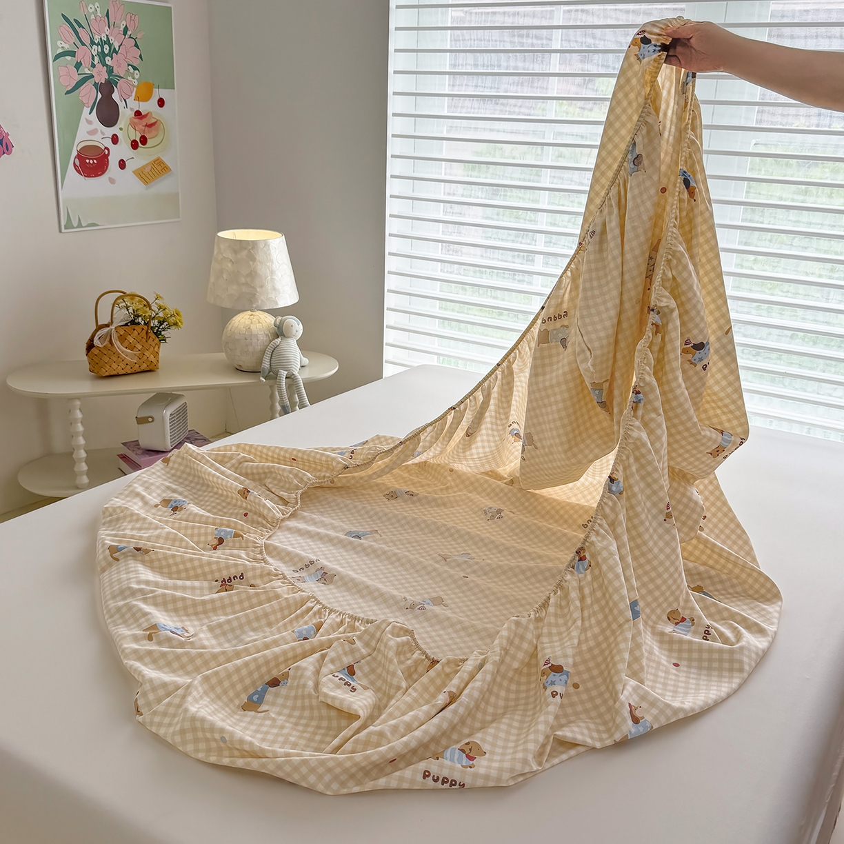 91家纺网 家纺一手货源 找家纺 壹贝家纺 2025新款A类印花全棉床笠 俏皮狗