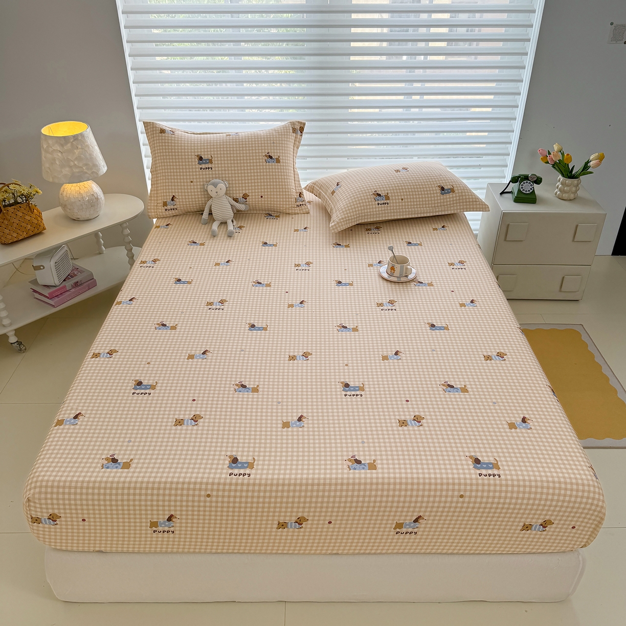 91家纺网 家纺一手货源 找家纺 壹贝家纺 2025新款A类印花全棉床笠 俏皮狗