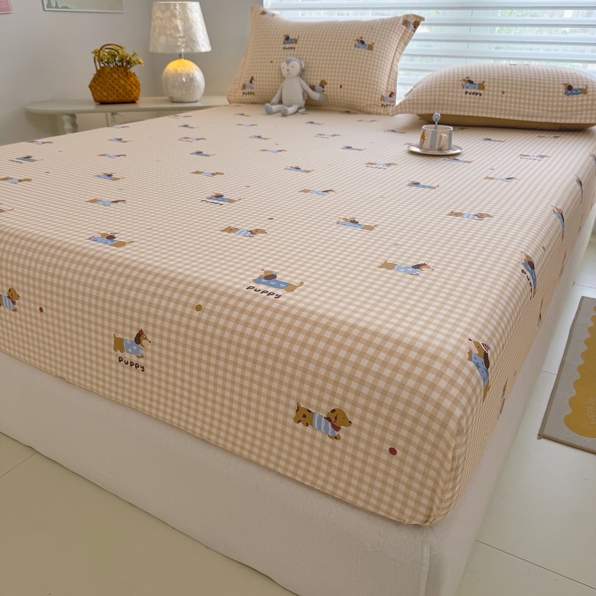 91家纺网 家纺一手货源 找家纺 壹贝家纺 2025新款A类印花全棉床笠 俏皮狗