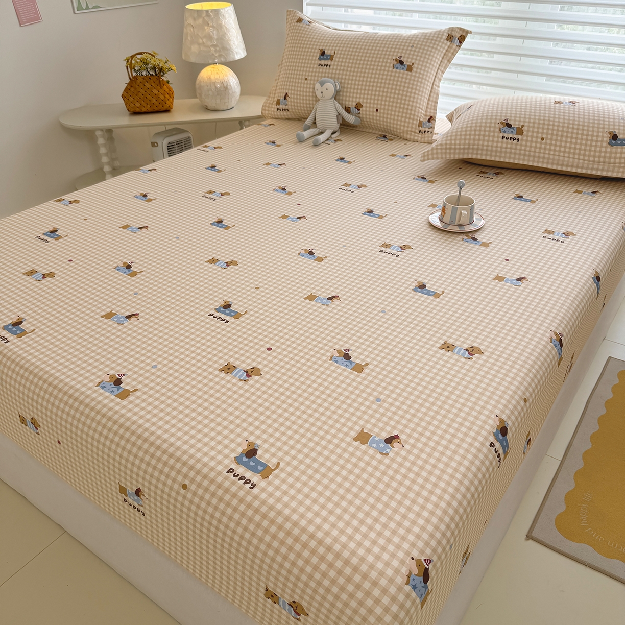 91家纺网 家纺一手货源 找家纺 壹贝家纺 2025新款A类印花全棉床笠 俏皮狗