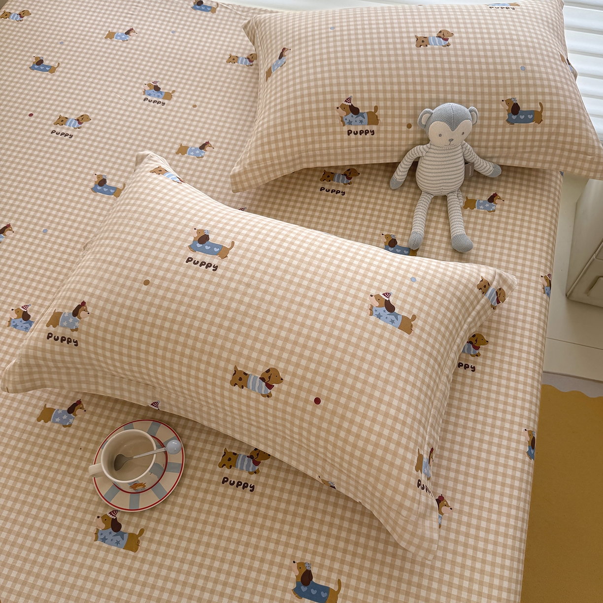 91家纺网 家纺一手货源 找家纺 壹贝家纺 2025新款A类印花全棉床笠 俏皮狗