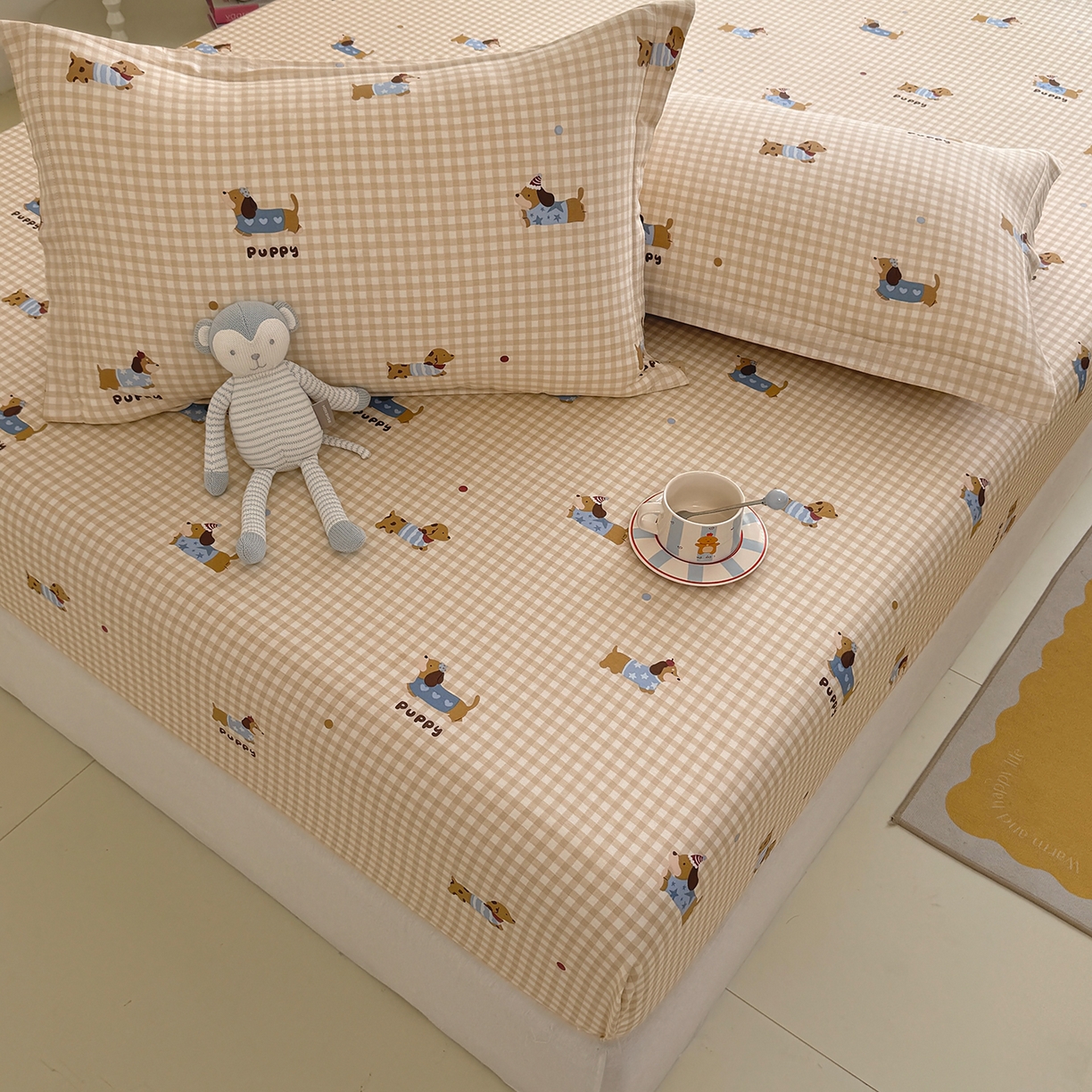 91家纺网 家纺一手货源 找家纺 壹贝家纺 2025新款A类印花全棉床笠 俏皮狗