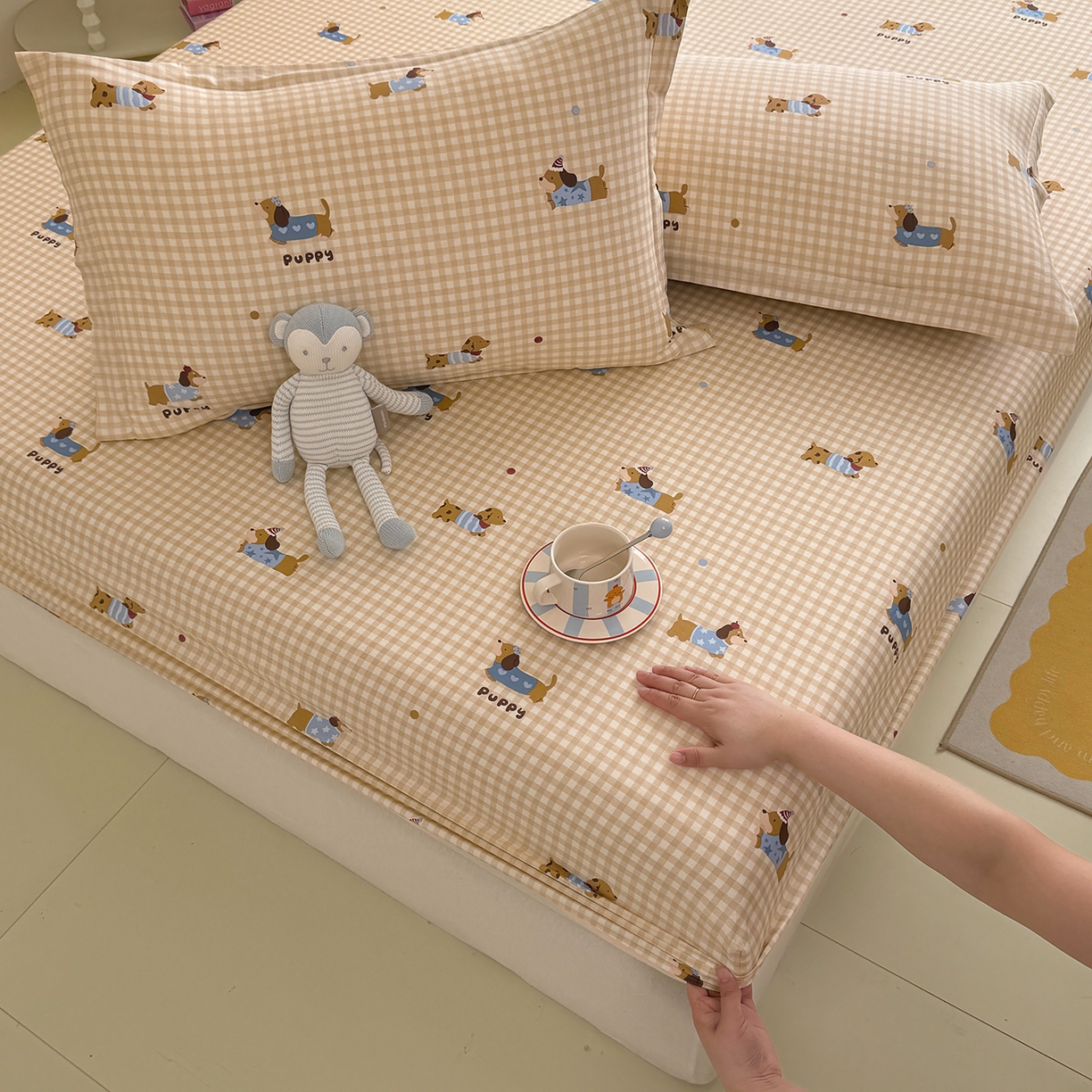 91家纺网 家纺一手货源 找家纺 壹贝家纺 2025新款A类印花全棉床笠 俏皮狗