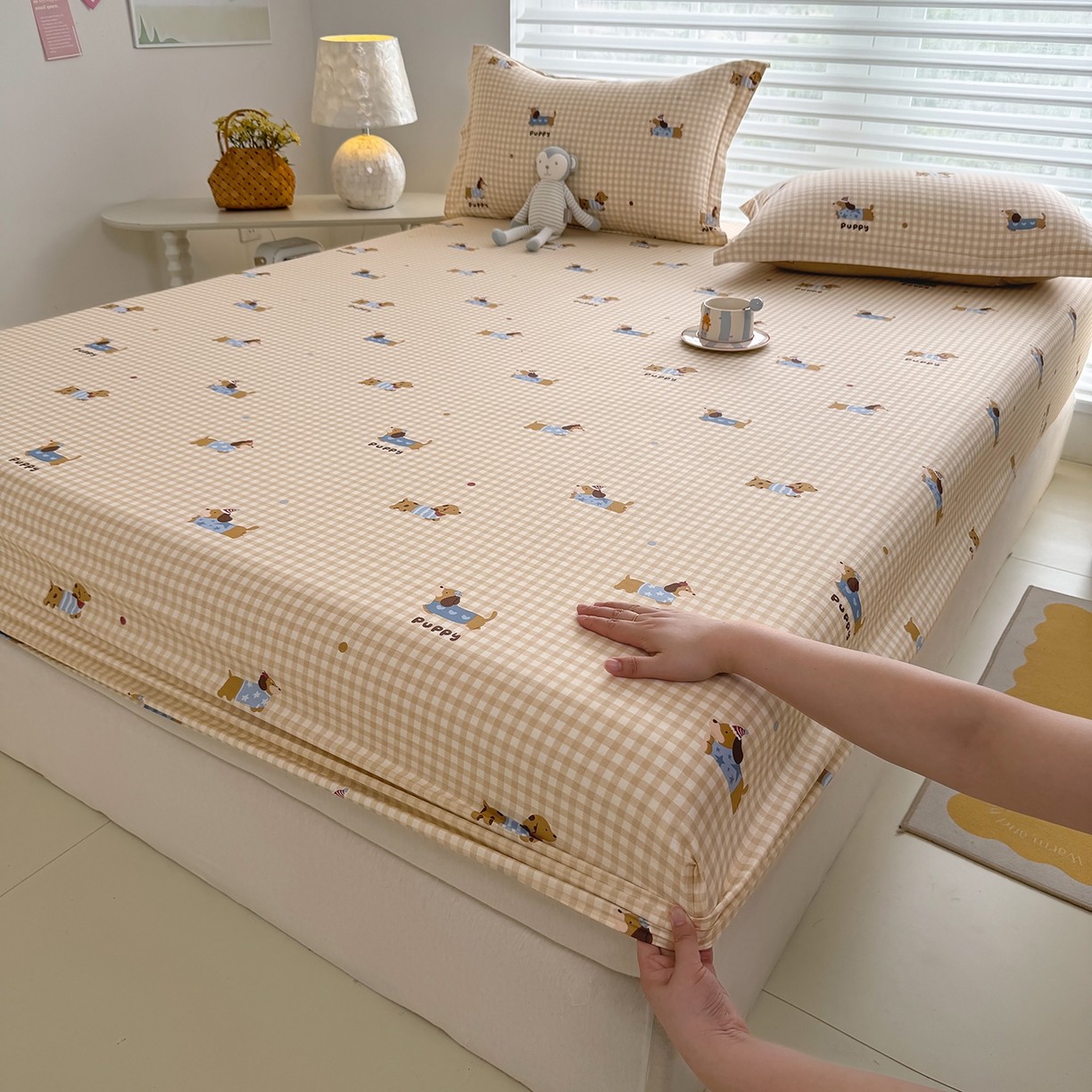 91家纺网 家纺一手货源 找家纺 壹贝家纺 2025新款A类印花全棉床笠 俏皮狗