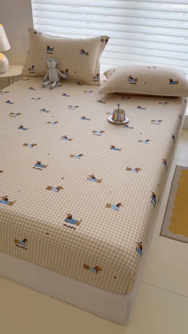 91家纺网 家纺一手货源 找家纺 壹贝家纺 2025新款A类印花全棉床笠 俏皮狗