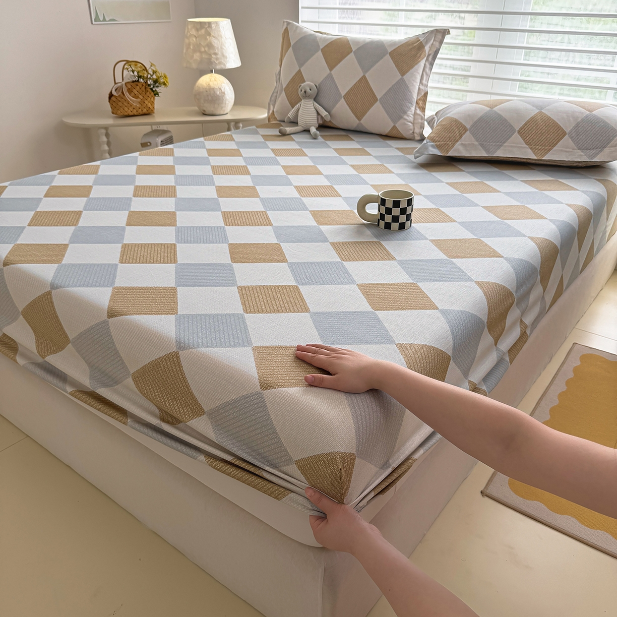 91家纺网 家纺一手货源 找家纺 壹贝家纺 2025新款A类印花全棉床笠 瑞吉斯-黄