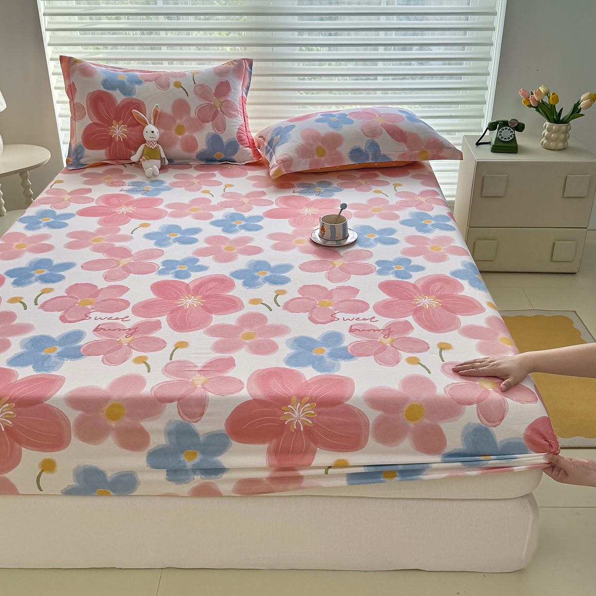 壹贝家纺 2025新款A类印花全棉床笠 夕颜花开