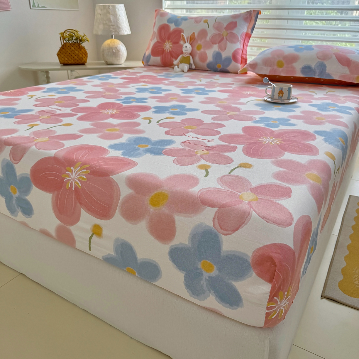 91家纺网 家纺一手货源 找家纺 壹贝家纺 2025新款A类印花全棉床笠 夕颜花开