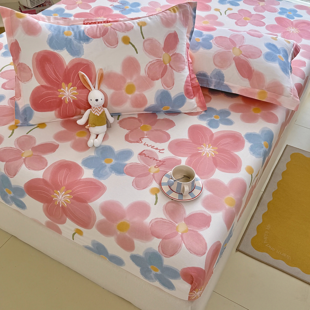 91家纺网 家纺一手货源 找家纺 壹贝家纺 2025新款A类印花全棉床笠 夕颜花开