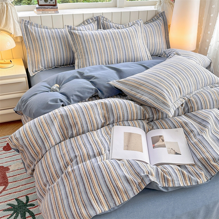 91家纺网 家纺一手货源 找家纺  简约 2025新款全棉四件套活性生态磨毛四件套 艾尔伦-蓝