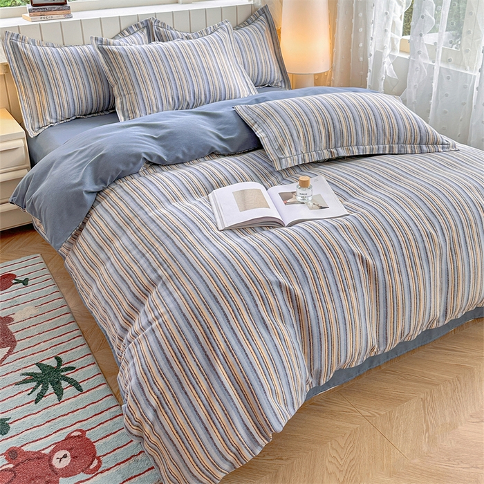 91家纺网 家纺一手货源 找家纺  简约 2025新款全棉四件套活性生态磨毛四件套 艾尔伦-蓝