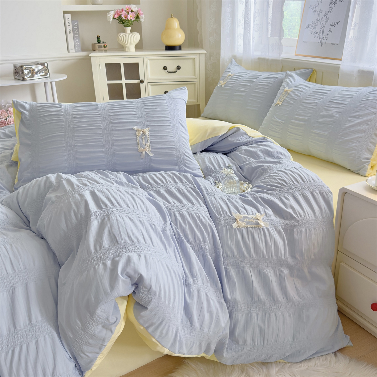 91家纺网 家纺一手货源 找家纺 （总）梦庭帛美 2025新款韩版公主风可乐泡泡纱四件套