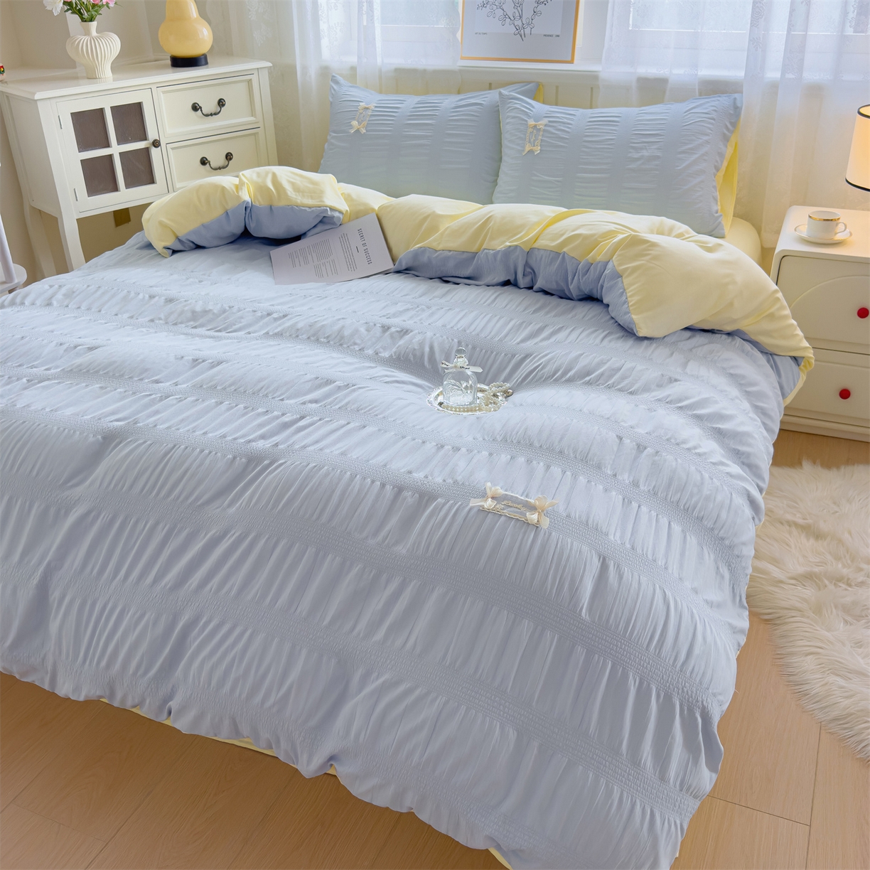 91家纺网 家纺一手货源 找家纺 （总）梦庭帛美 2025新款韩版公主风可乐泡泡纱四件套