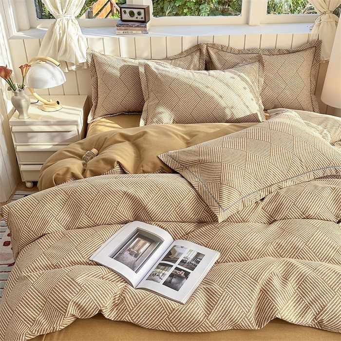 91家纺网 家纺一手货源 找家纺 简约 2025新款全棉四件套活性生态磨毛四件套 春雅格-咖