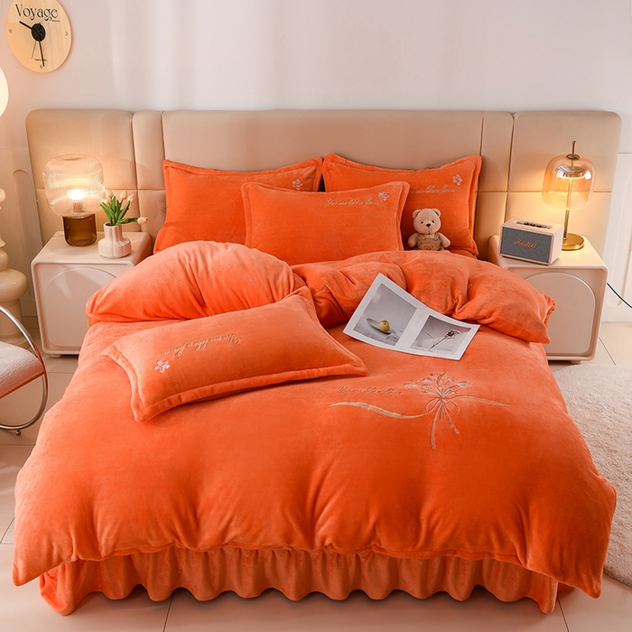 91家纺网 家纺一手货源 找家纺 绣女坊 2025新款高克重牛奶绒刺绣四件套 郁金香-爱玛橙